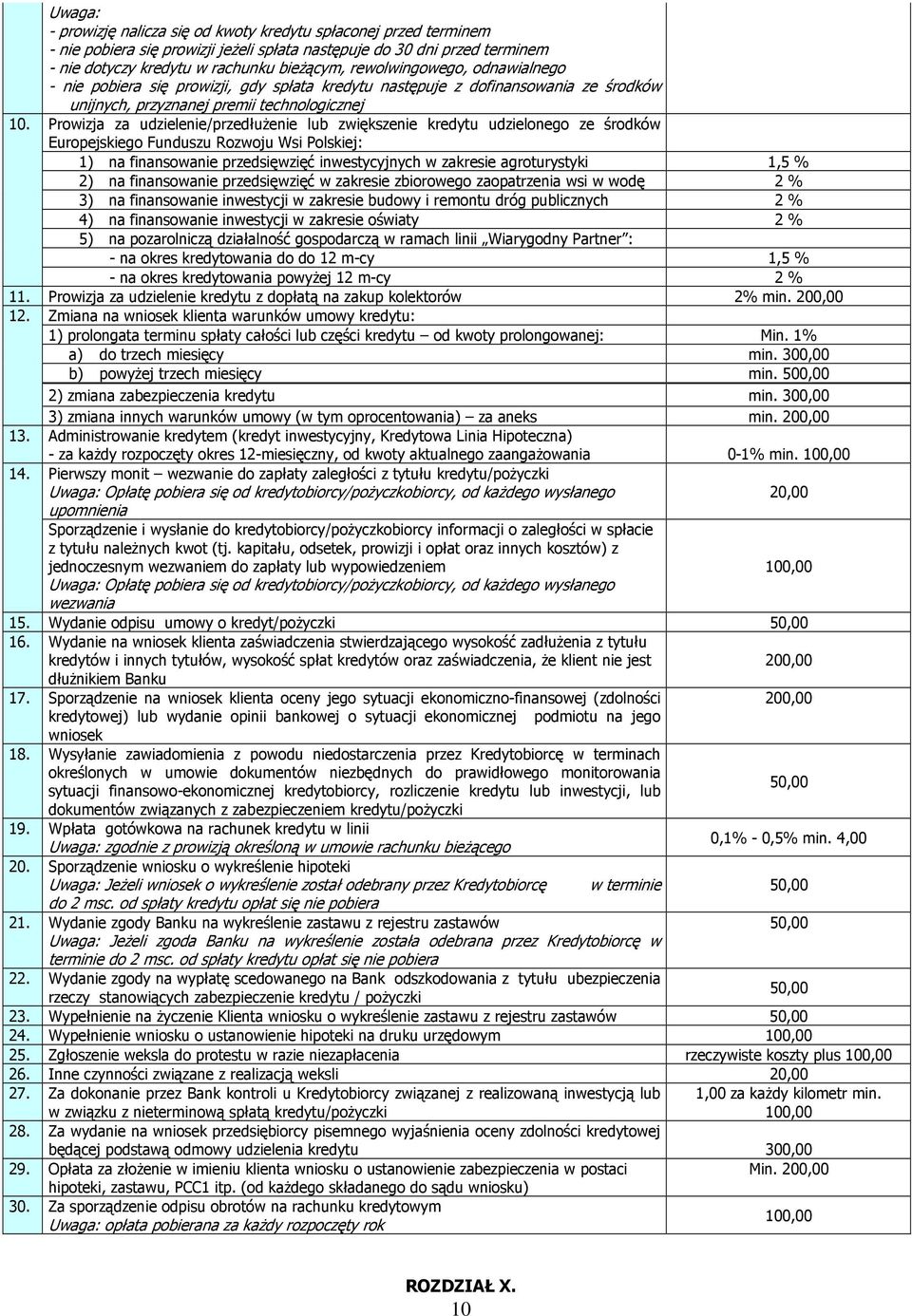 Prowizja za udzielenie/przedłuŝenie lub zwiększenie kredytu udzielonego ze środków Europejskiego Funduszu Rozwoju Wsi Polskiej: 1) na finansowanie przedsięwzięć inwestycyjnych w zakresie