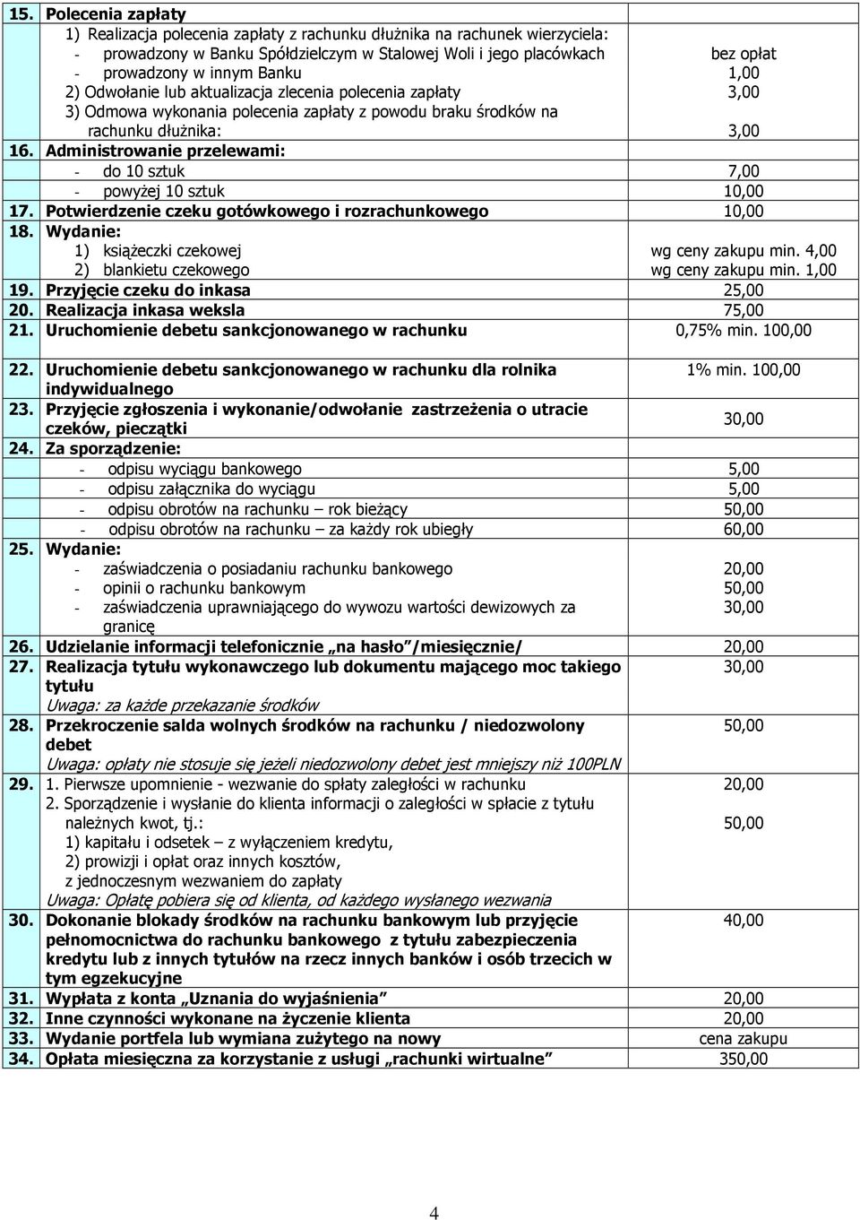 Administrowanie przelewami: - do 10 sztuk 7,00 - powyŝej 10 sztuk 17. Potwierdzenie czeku gotówkowego i rozrachunkowego 18. Wydanie: 1) ksiąŝeczki czekowej wg ceny zakupu min.