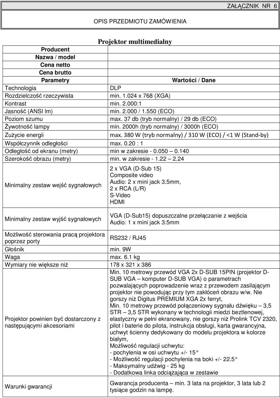 2000h (tryb normalny) / 3000h (ECO) ZuŜycie energii max. 380 W (tryb normalny) / 310 W (ECO)/ <1 W (Stand-by) Współczynnik odległości max. 0.20 : 1 Odległość od ekranu (metry) min w zakresie - 0.