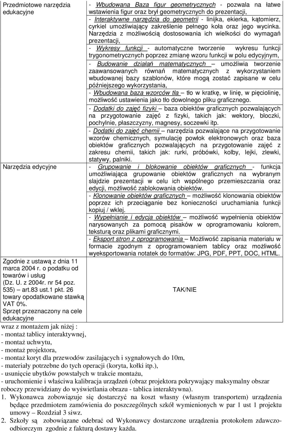 Narzędzia z moŝliwością dostosowania ich wielkości do wymagań prezentacji, - Wykresy funkcji - automatyczne tworzenie wykresu funkcji trygonometrycznych poprzez zmianę wzoru funkcji w polu edycyjnym,