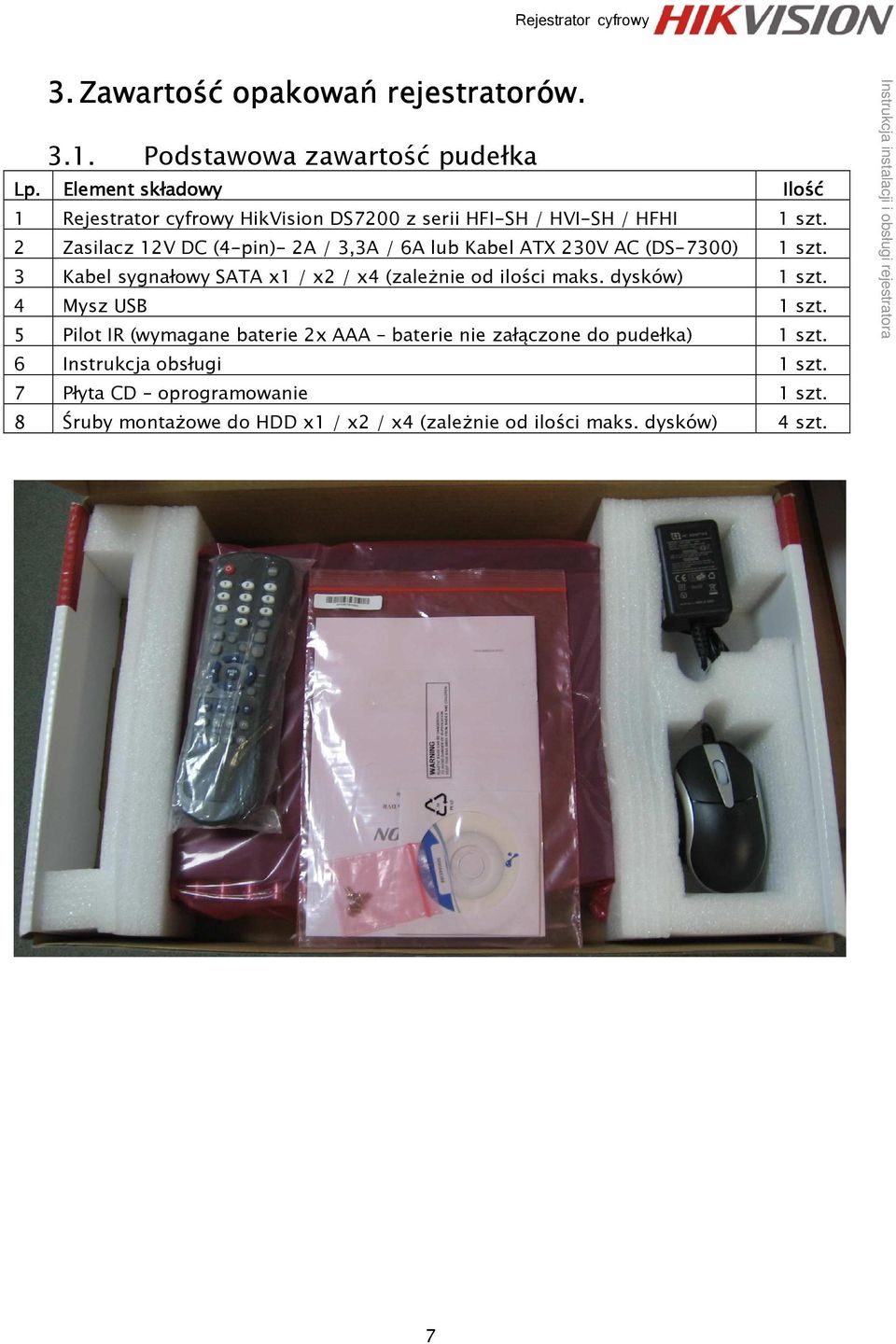 2 Zasilacz 12V DC (4-pin)- 2A / 3,3A / 6A lub Kabel ATX 230V AC (DS-7300) 1 szt. 3 Kabel sygnałowy SATA x1 / x2 / x4 (zależnie od ilości maks.