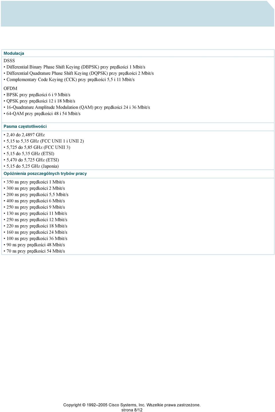 Mbit/s Pasma częstotliwości 2,40 do 2,4897 GHz 5,15 to 5,35 GHz (FCC UNII 1 i UNII 2) 5,725 do 5,85 GHz (FCC UNII 3) 5,15 do 5,35 GHz (ETSI) 5,470 do 5,725 GHz (ETSI) 5,15 do 5,25 GHz (Japonia)