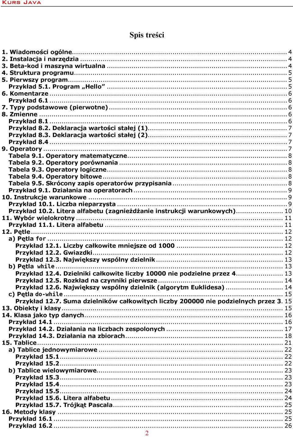 .. 7 Przykład 8.4... 7 9. Operatory... 7 Tabela 9.1. Operatory matematyczne... 8 Tabela 9.2. Operatory porównania... 8 Tabela 9.3. Operatory logiczne... 8 Tabela 9.4. Operatory bitowe... 8 Tabela 9.5.