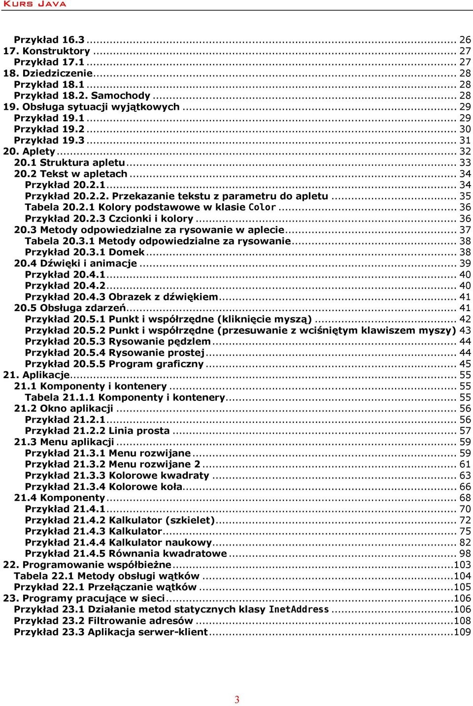 .. 36 Przykład 20.2.3 Czcionki i kolory... 36 20.3 Metody odpowiedzialne za rysowanie w aplecie... 37 Tabela 20.3.1 Metody odpowiedzialne za rysowanie... 38 Przykład 20.3.1 Domek... 38 20.