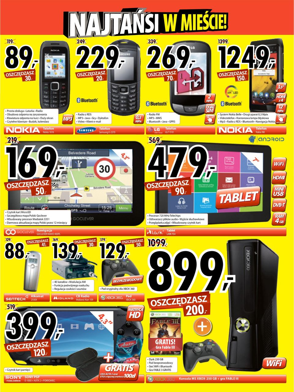 Mp3 Radio z RDS Bluetooth Nawigacja Nokia DOTYKOWY 169, 219, Telefon Nokia 1616 Telefon Samsung E-2370 479, 50, Czytnik kart MicroSD Szczegółowa mapa Polski Goclever Wbudowany procesor Mediatek 3351