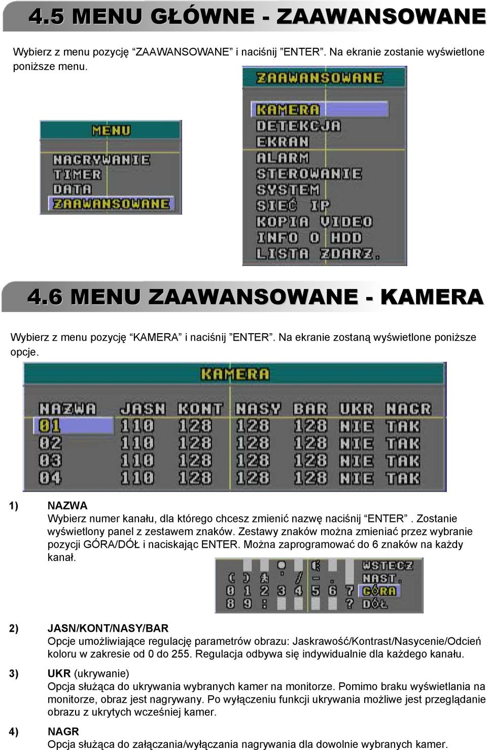 1) NAZWA Wybierz numer kanału, dla którego chcesz zmienić nazwę naciśnij ENTER. Zostanie wyświetlony panel z zestawem znaków.