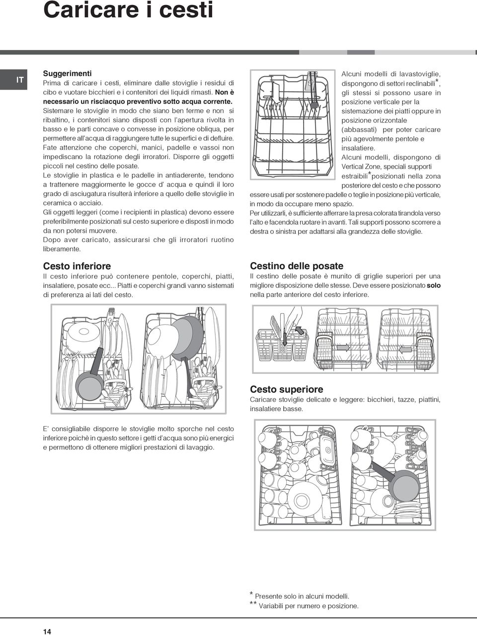 Sistemare le stoviglie in modo che siano ben ferme e non si ribaltino, i contenitori siano disposti con l apertura rivolta in basso e le parti concave o convesse in posizione obliqua, per permettere