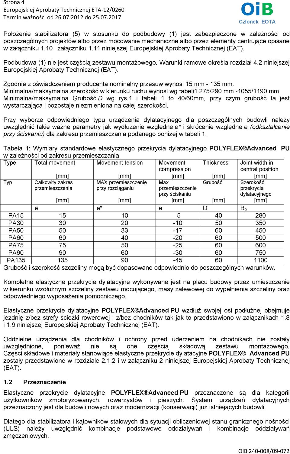 2 niniejszej Europejskiej Aprobaty Technicznej (EAT). Zgodnie z oświadczeniem producenta nominalny przesuw wynosi 15 mm - 135 mm.