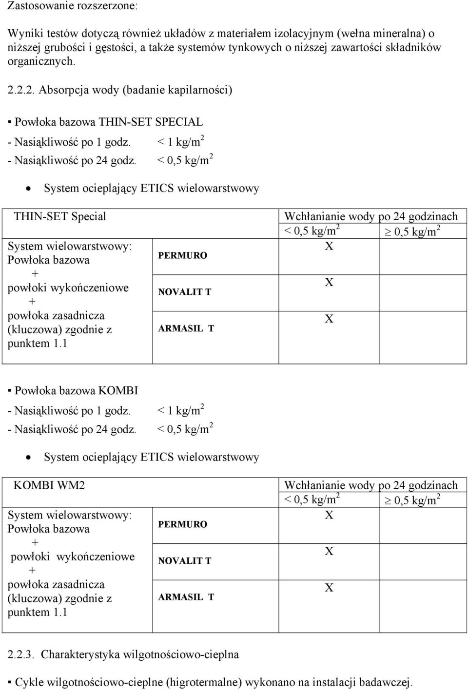 < 0,5 kg/m 2 System ocieplający ETICS wielowarstwowy THIN-SET Special System wielowarstwowy: Powłoka bazowa powłoki wykończeniowe powłoka zasadnicza (kluczowa) zgodnie z punktem 1.