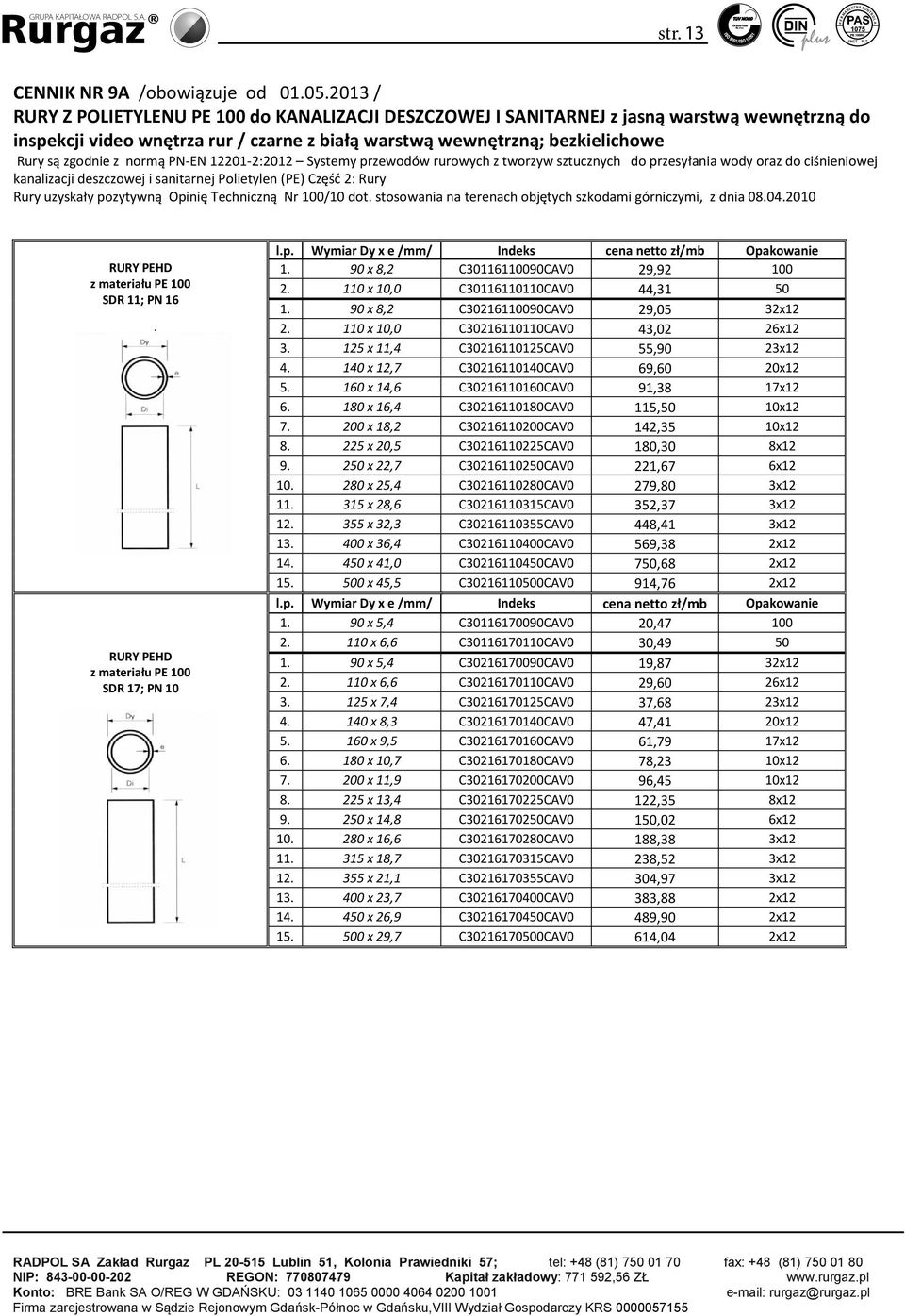 2012 / / RURY RURY RURY CENNIK Z POLIETYLENU Z POLIETYLENU do NR GAZU 9A /obowiązuje PE PE z PE / pomarańczowe od do do KANALIZACJI KANALIZACJI 01.05.