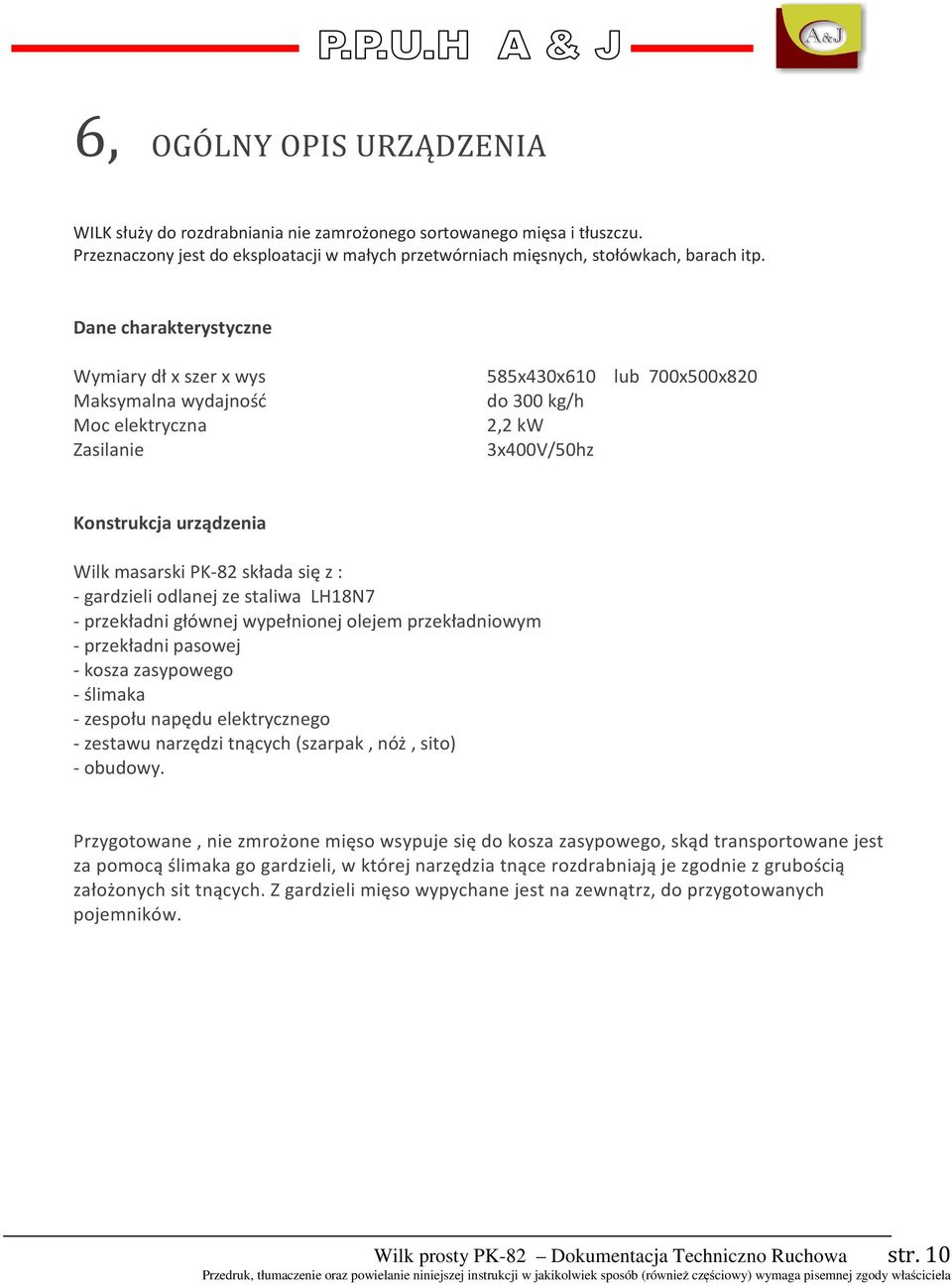 składa się z : - gardzieli odlanej ze staliwa LH18N7 - przekładni głównej wypełnionej olejem przekładniowym - przekładni pasowej - kosza zasypowego - ślimaka - zespołu napędu elektrycznego - zestawu