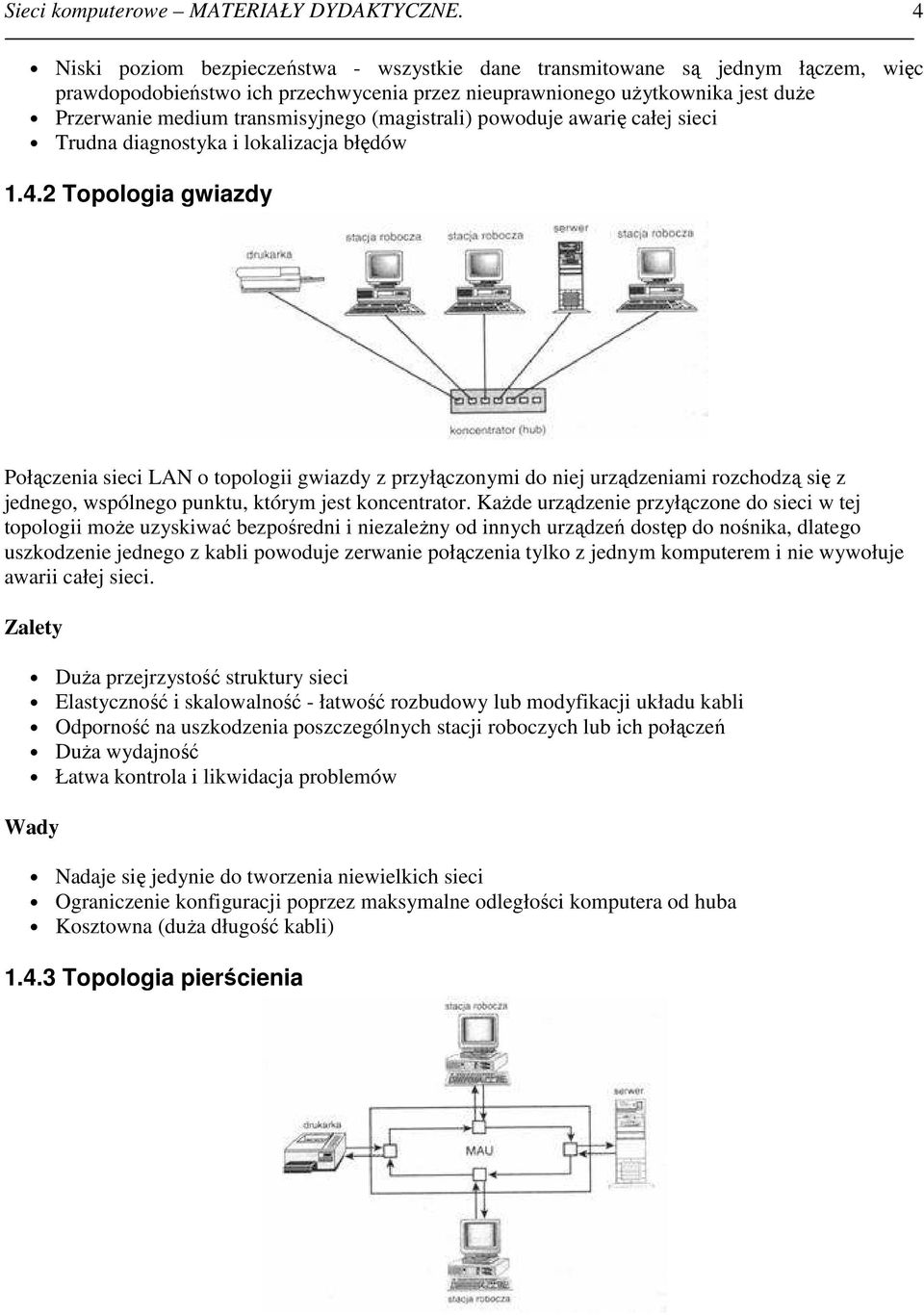 (magistrali) powoduje awarię całej sieci Trudna diagnostyka i lokalizacja błędów 1.4.