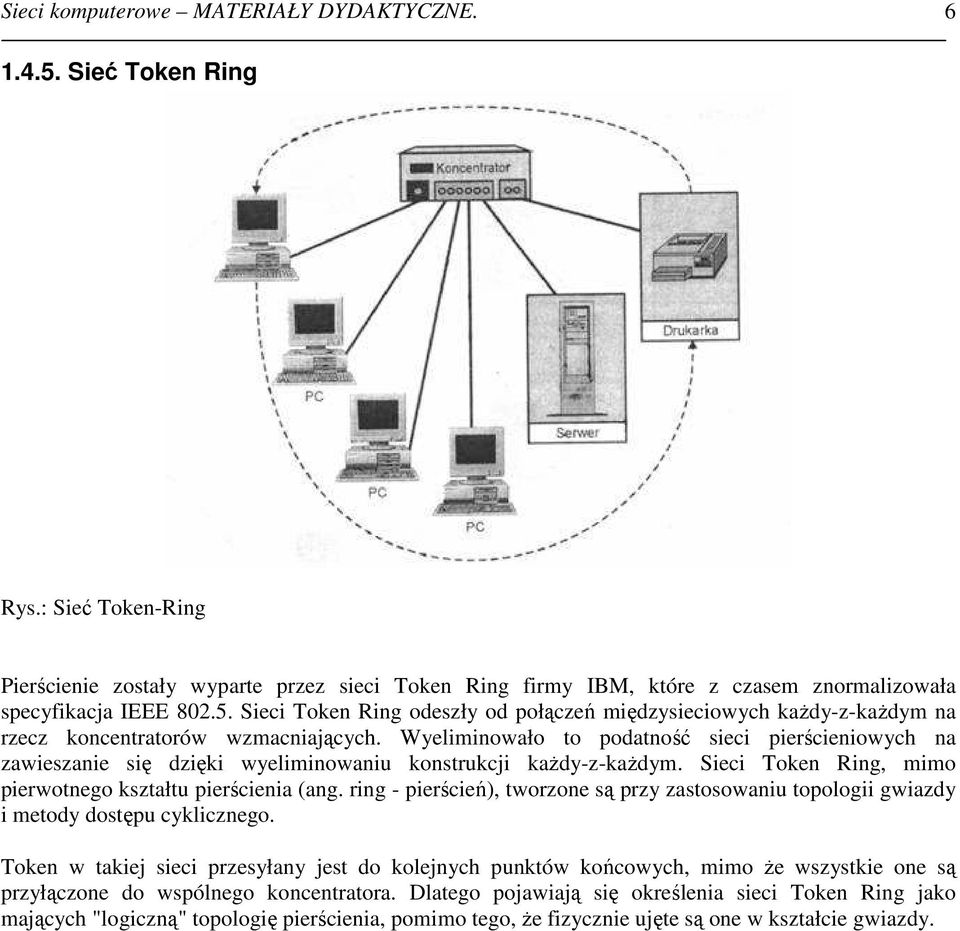 Sieci Token Ring odeszły od połączeń międzysieciowych kaŝdy-z-kaŝdym na rzecz koncentratorów wzmacniających.