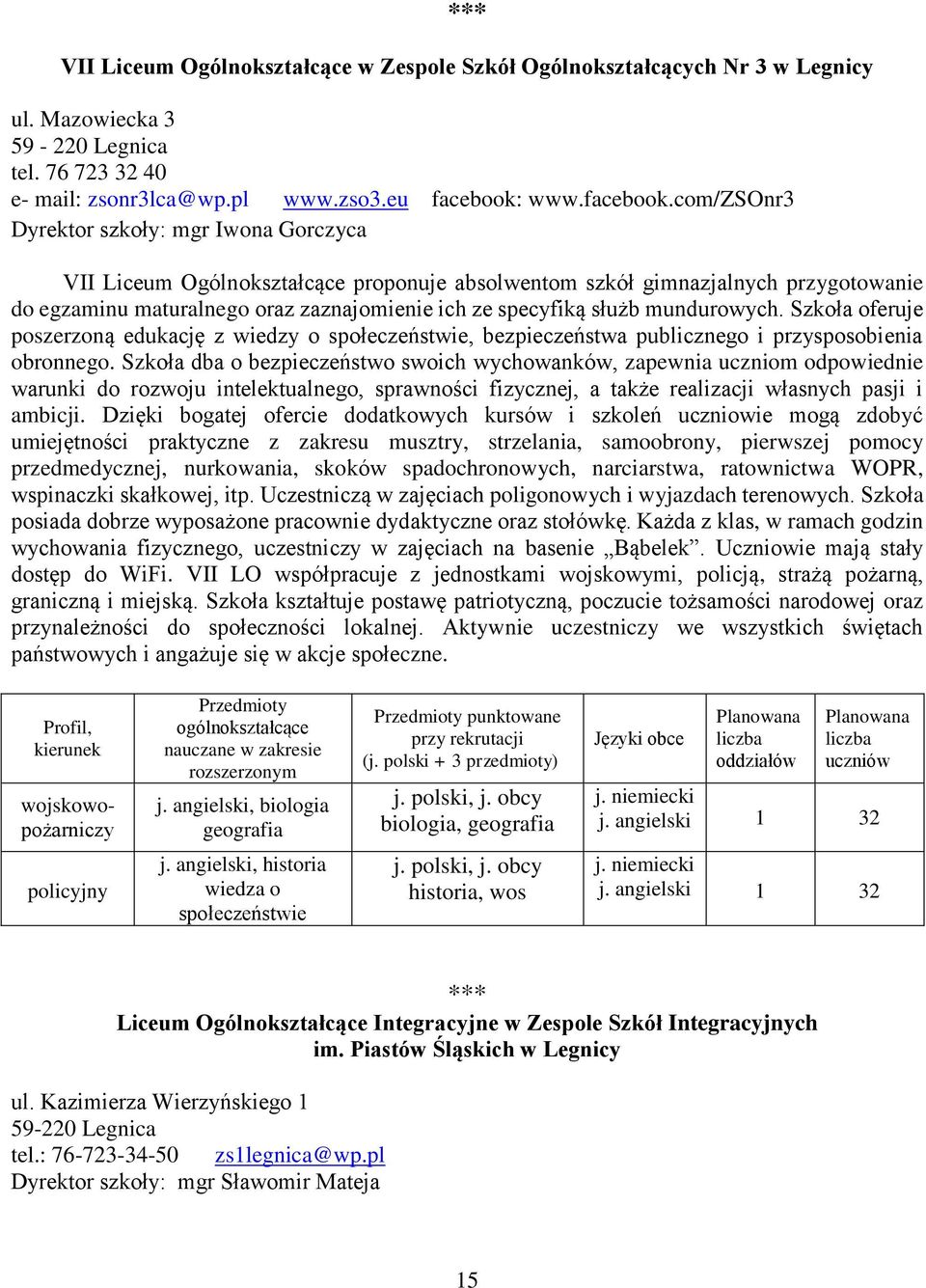 com/zsonr3 Dyrektor szkoły: mgr Iwona Gorczyca VII Liceum Ogólnokształcące proponuje absolwentom szkół gimnazjalnych przygotowanie do egzaminu maturalnego oraz zaznajomienie ich ze specyfiką służb