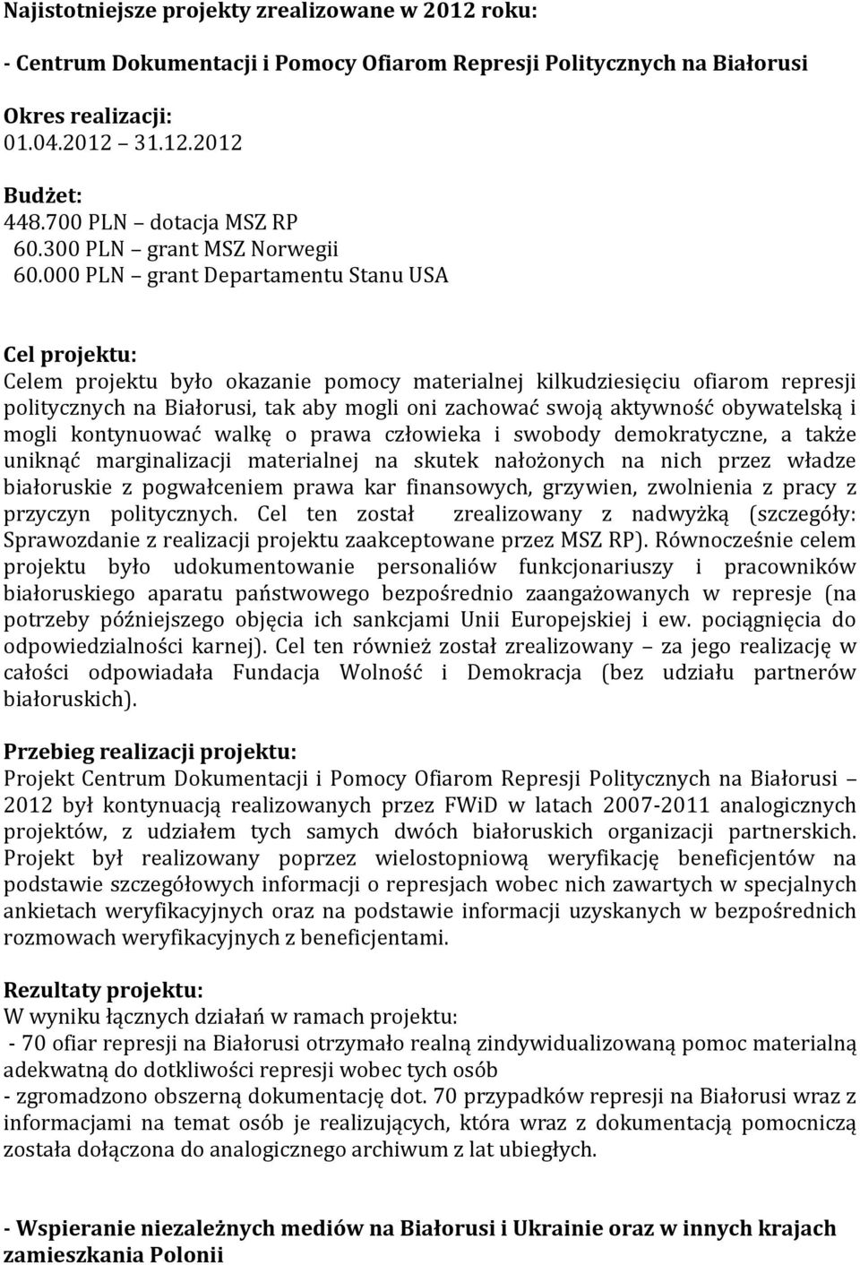 000 PLN grant Departamentu Stanu USA Cel projektu: Celem projektu było okazanie pomocy materialnej kilkudziesięciu ofiarom represji politycznych na Białorusi, tak aby mogli oni zachować swoją