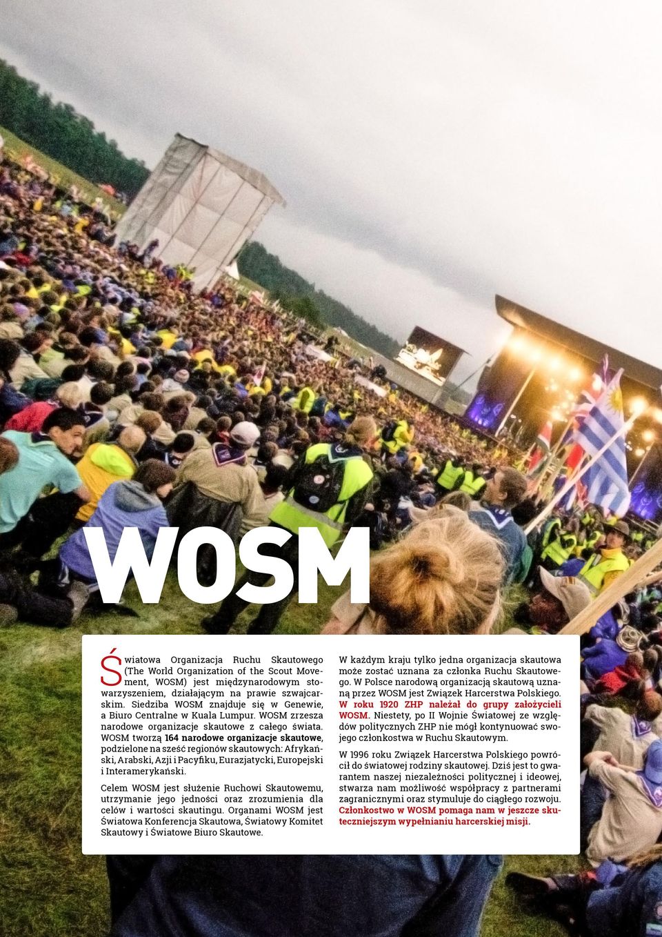 WOSM tworzą 164 narodowe organizacje skautowe, podzielone na sześć regionów skautowych: Afrykański, Arabski, Azji i Pacyfiku, Eurazjatycki, Europejski i Interamerykański.