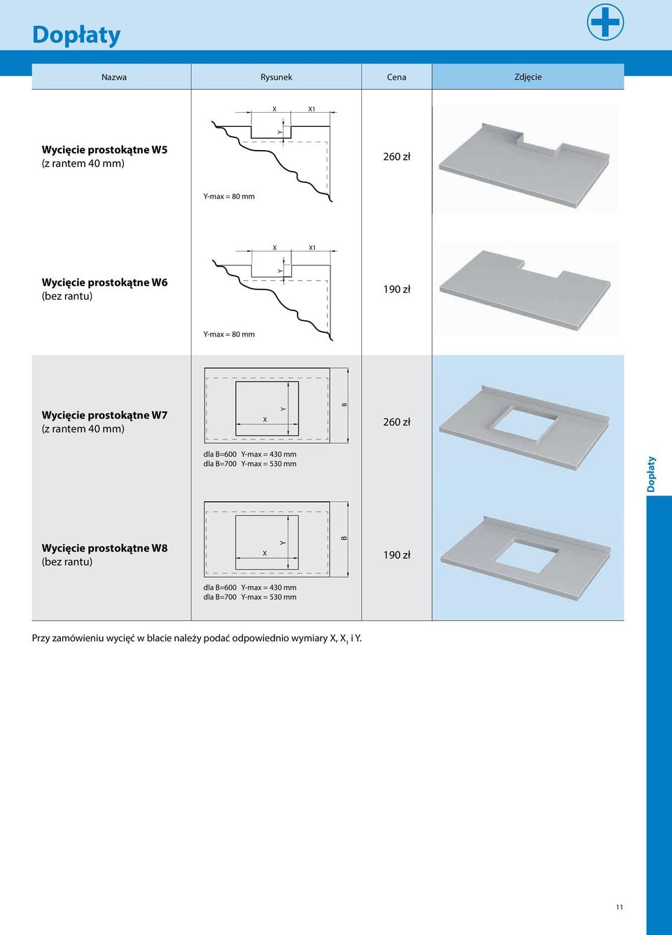 =600 Y-max = 4 mm dla =700 Y-max = 5 mm Dopłaty Wycięcie prostokątne W8 (bez rantu) X Y 190 zł dla =600 Y-max