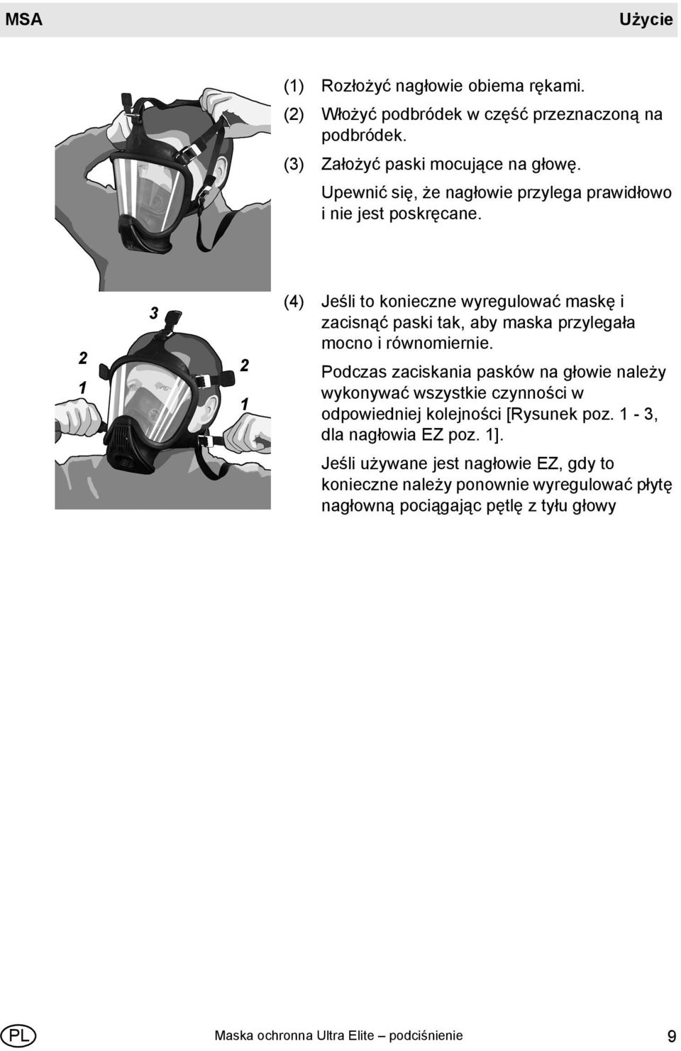 2 1 3 2 1 (4) Jeśli to konieczne wyregulować maskę i zacisnąć paski tak, aby maska przylegała mocno i równomiernie.