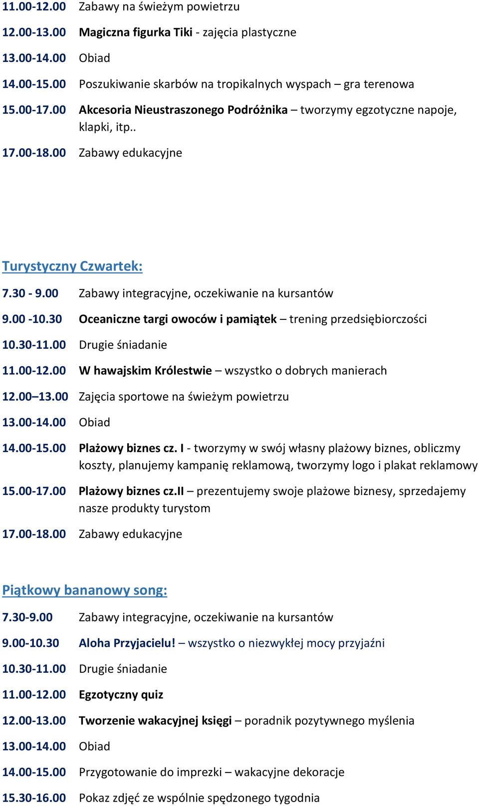 30 Oceaniczne targi owoców i pamiątek trening przedsiębiorczości 11.00-12.00 W hawajskim Królestwie wszystko o dobrych manierach 12.00 13.00 Zajęcia sportowe na świeżym powietrzu 14.00-15.