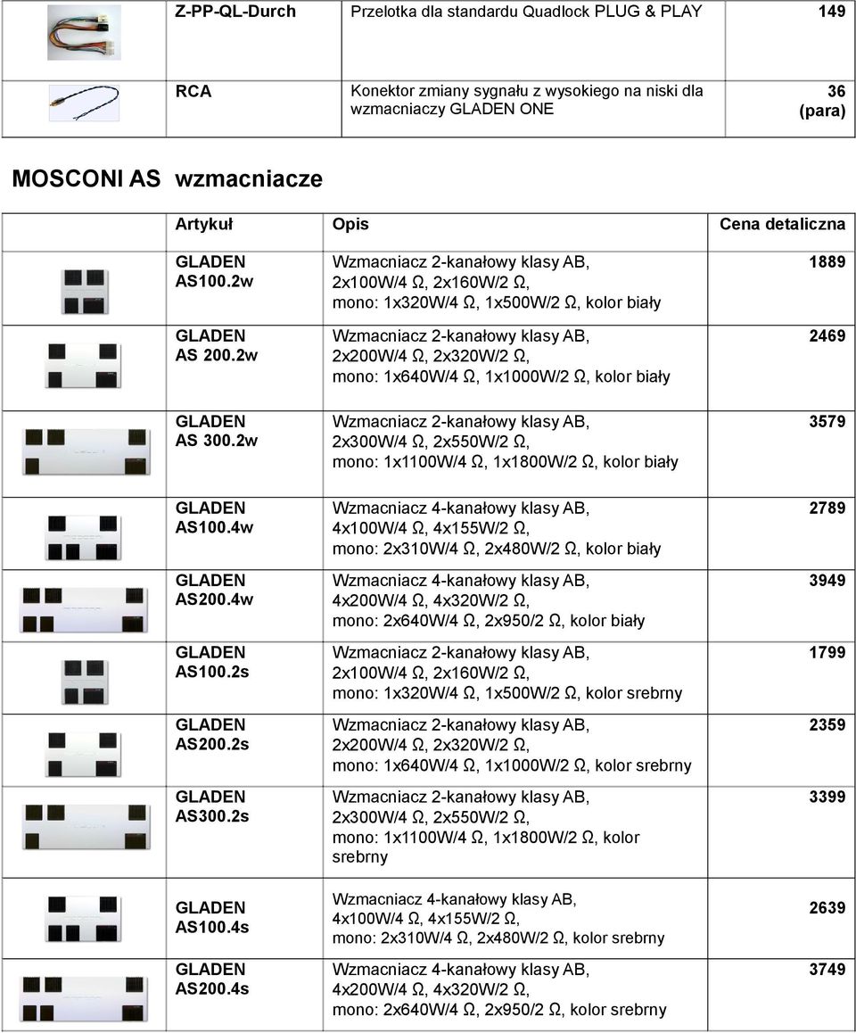 2w Wzmacniacz 2-kanałowy klasy AB, 2x200W/4 Ω, 2x320W/2 Ω, mono: 1x640W/4 Ω, 1x1000W/2 Ω, kolor biały 2469 AS 300.