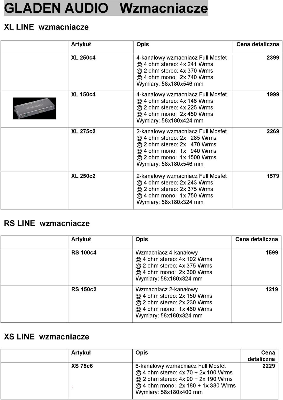 stereo: 2x 285 Wrms @ 2 ohm stereo: 2x 470 Wrms @ 4 ohm mono: 1x 940 Wrms @ 2 ohm mono: 1x 1500 Wrms Wymiary: 58x180x546 mm 2269 XL 250c2 2-kanałowy wzmacniacz Full Mosfet @ 4 ohm stereo: 2x 243 Wrms