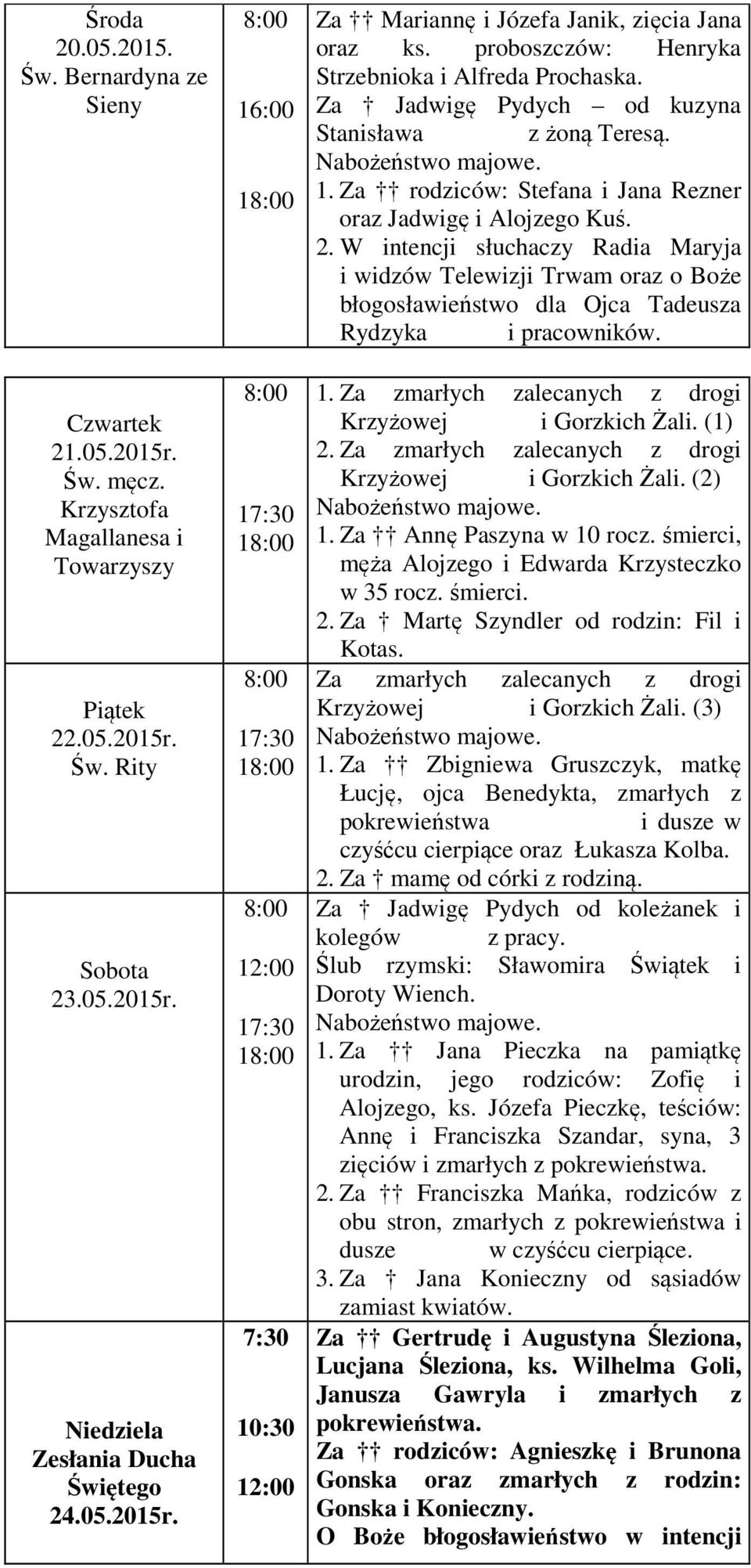 W intencji słuchaczy Radia Maryja i widzów Telewizji Trwam oraz o Boże błogosławieństwo dla Ojca Tadeusza Rydzyka i pracowników. 1. Za zmarłych zalecanych z drogi Krzyżowej i Gorzkich Żali. (1) 2.