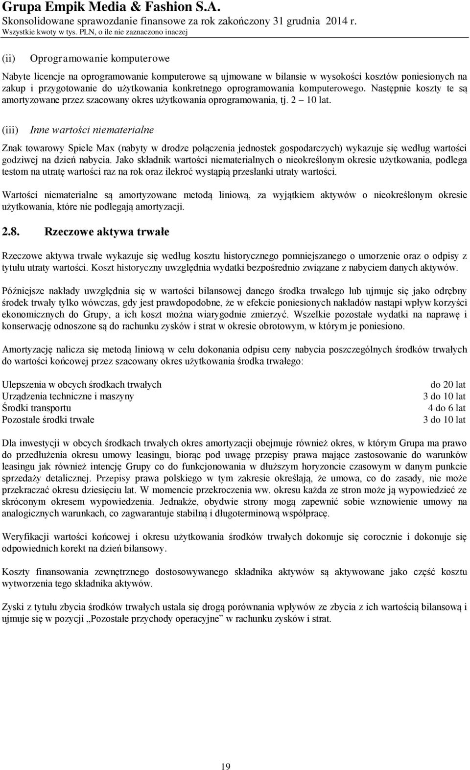 (iii) Inne wartości niematerialne Znak towarowy Spiele Max (nabyty w drodze połączenia jednostek gospodarczych) wykazuje się według wartości godziwej na dzień nabycia.