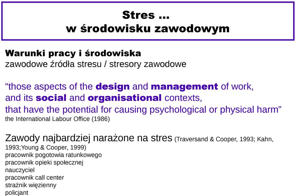 harm the International Labour Office (1986) Zawody najbardziej narażone na stres (Traversand & Cooper, 1993; Kahn, 1993;Young &