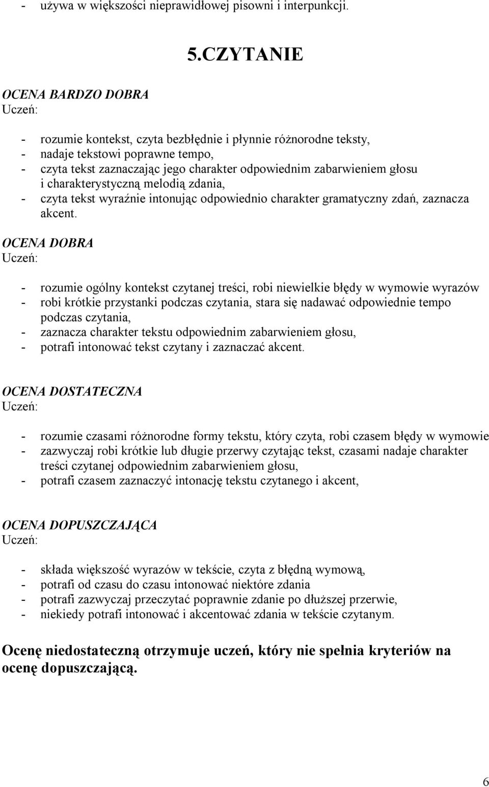 charakterystyczną melodią zdania, - czyta tekst wyraźnie intonując odpowiednio charakter gramatyczny zdań, zaznacza akcent.