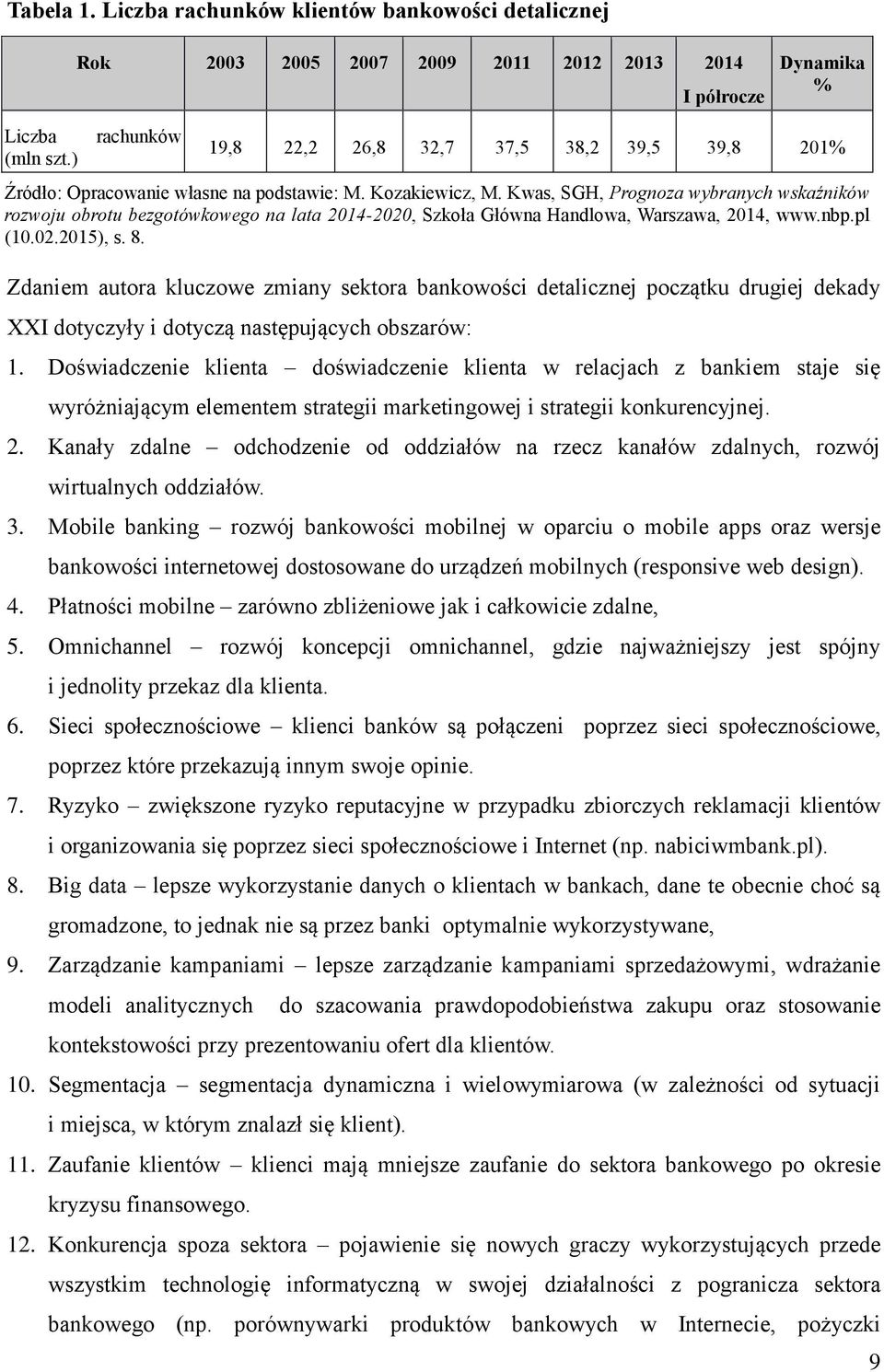 Kwas, SGH, Prognoza wybranych wskaźników rozwoju obrotu bezgotówkowego na lata 2014-2020, Szkoła Główna Handlowa, Warszawa, 2014, www.nbp.pl (10.02.2015), s. 8.