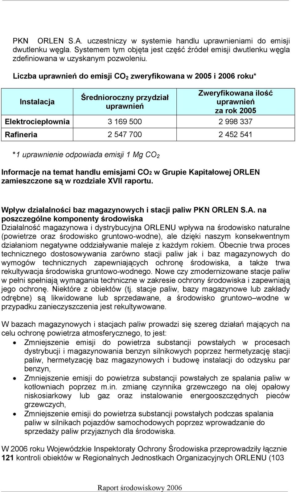 Rafineria 2 547 700 2 452 541 *1 uprawnienie odpowiada emisji 1 Mg CO 2 Informacje na temat handlu emisjami CO2 w Grupie Kapitałowej ORLEN zamieszczone są w rozdziale XVII raportu.