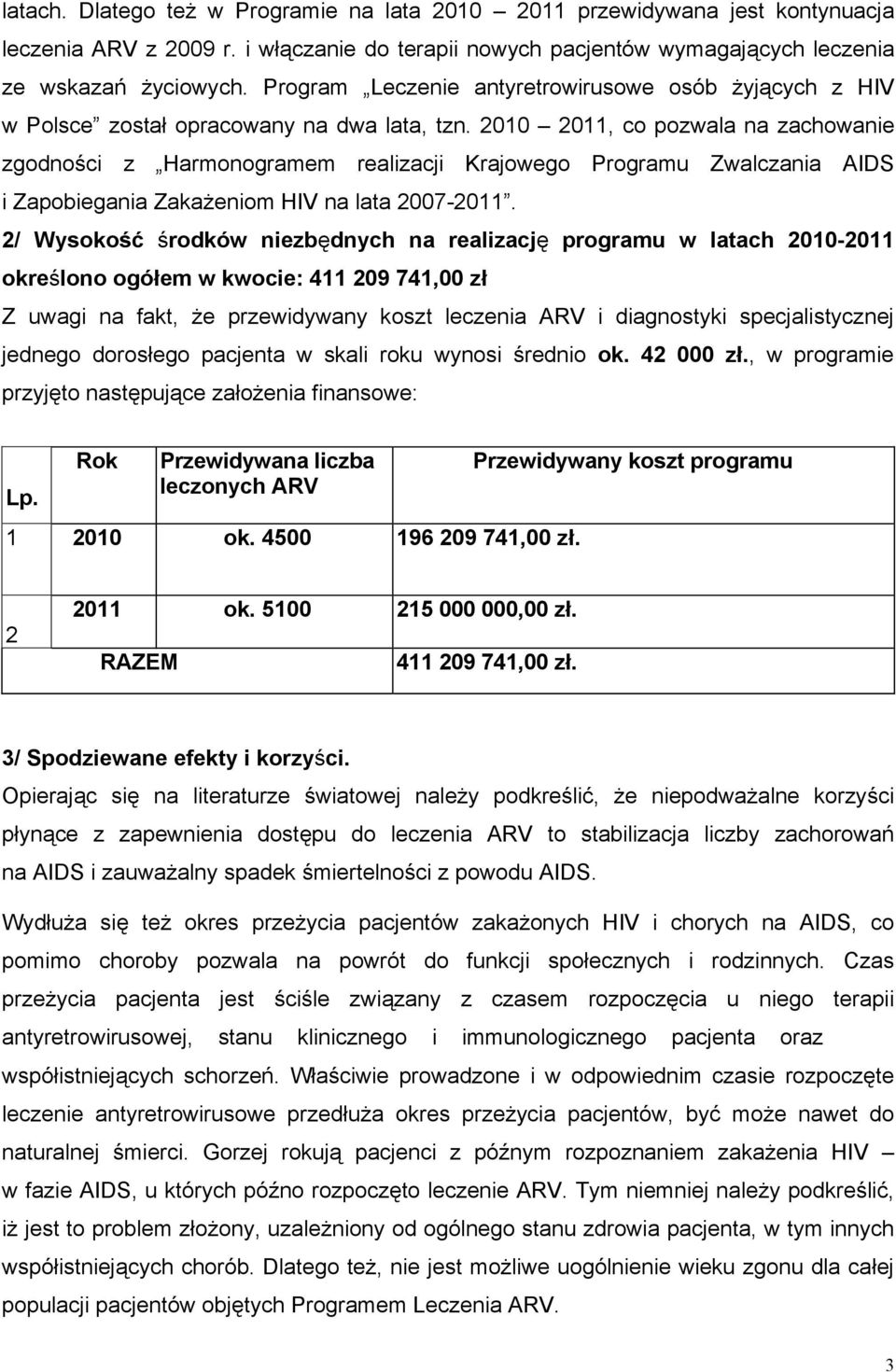 2010 2011, co pozwala na zachowanie zgodności z Harmonogramem realizacji Krajowego Programu Zwalczania AIDS i Zapobiegania Zakażeniom HIV na lata 2007-2011.