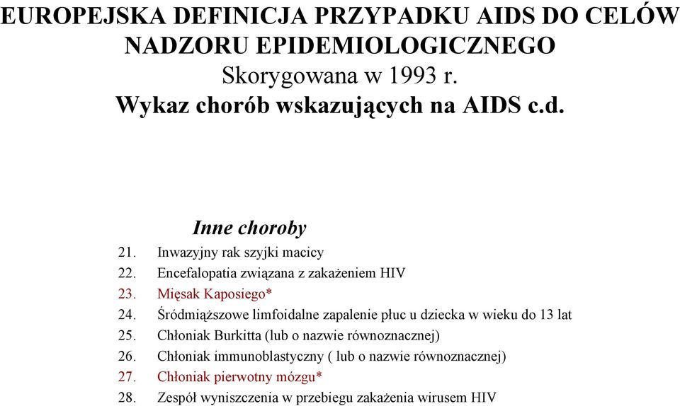 Encefalopatia związana z zakażeniem HIV 23. Mięsak Kaposiego* 24.