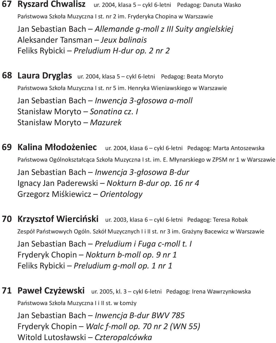 2004, klasa 5 cykl 6-letni Pedagog: Beata Moryto Państwowa Szkoła Muzyczna I st. nr 5 im. Henryka Wieniawskiego w Warszawie Jan Sebastian Bach Inwencja 3-głosowa a-moll Stanisław Moryto Sonatina cz.