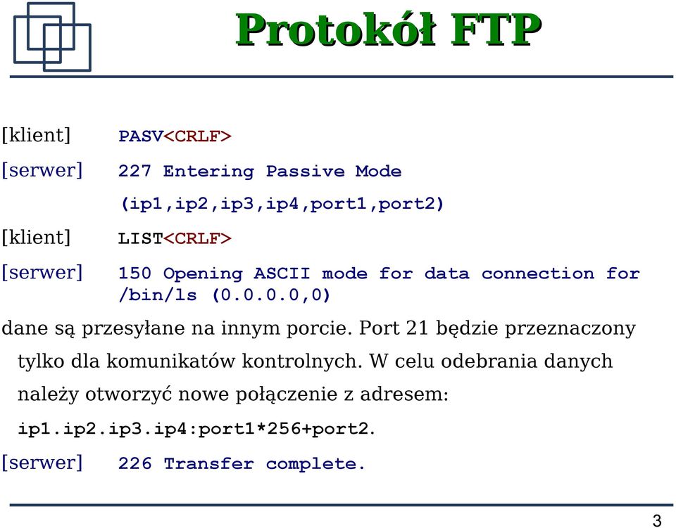 Port 21 będzie przeznaczony tylko dla komunikatów kontrolnych.