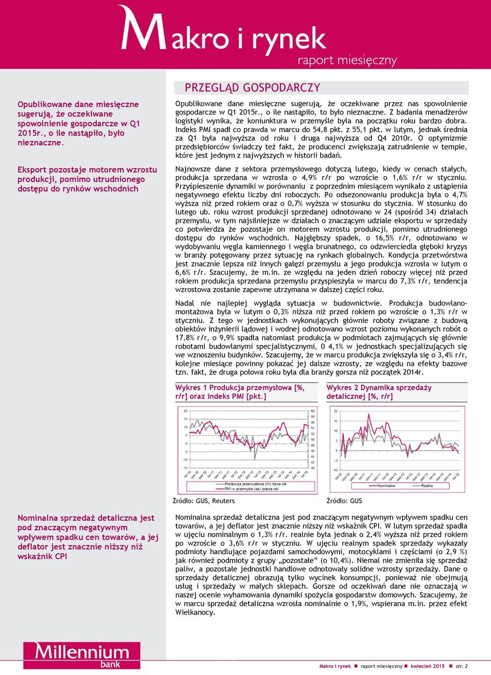 gospodarcze w Q1 2015r., o ile nastąpiło, to było nieznaczne. Z badania menadżerów logistyki wynika, że koniunktura w przemyśle była na początku roku bardzo dobra.