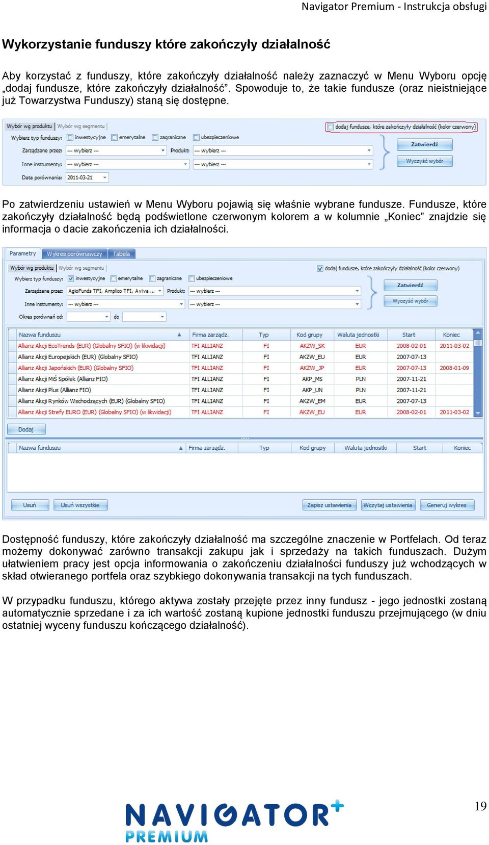 Fundusze, które zakończyły działalność będą podświetlone czerwonym kolorem a w kolumnie Koniec znajdzie się informacja o dacie zakończenia ich działalności.