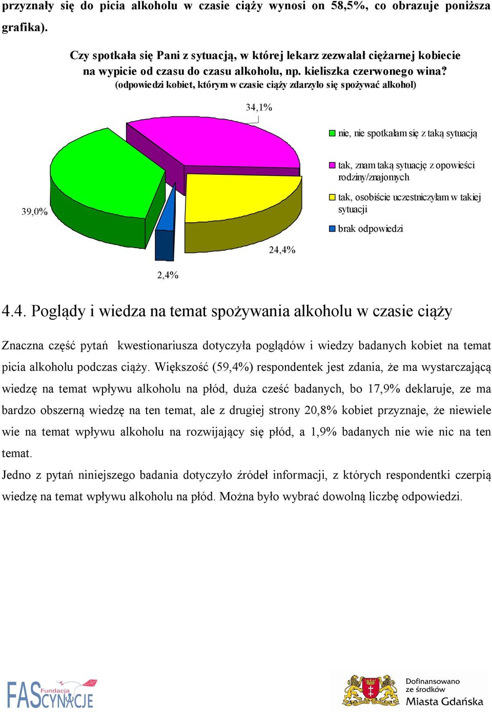 (odpowiedzi kobiet, którym w czasie ciąży zdarzyło się spożywać alkohol) 34,1% nie, nie spotkałam się z taką sytuacją tak, znam taką sytuację z opowieści rodziny/znajomych 39,0% tak, osobiście