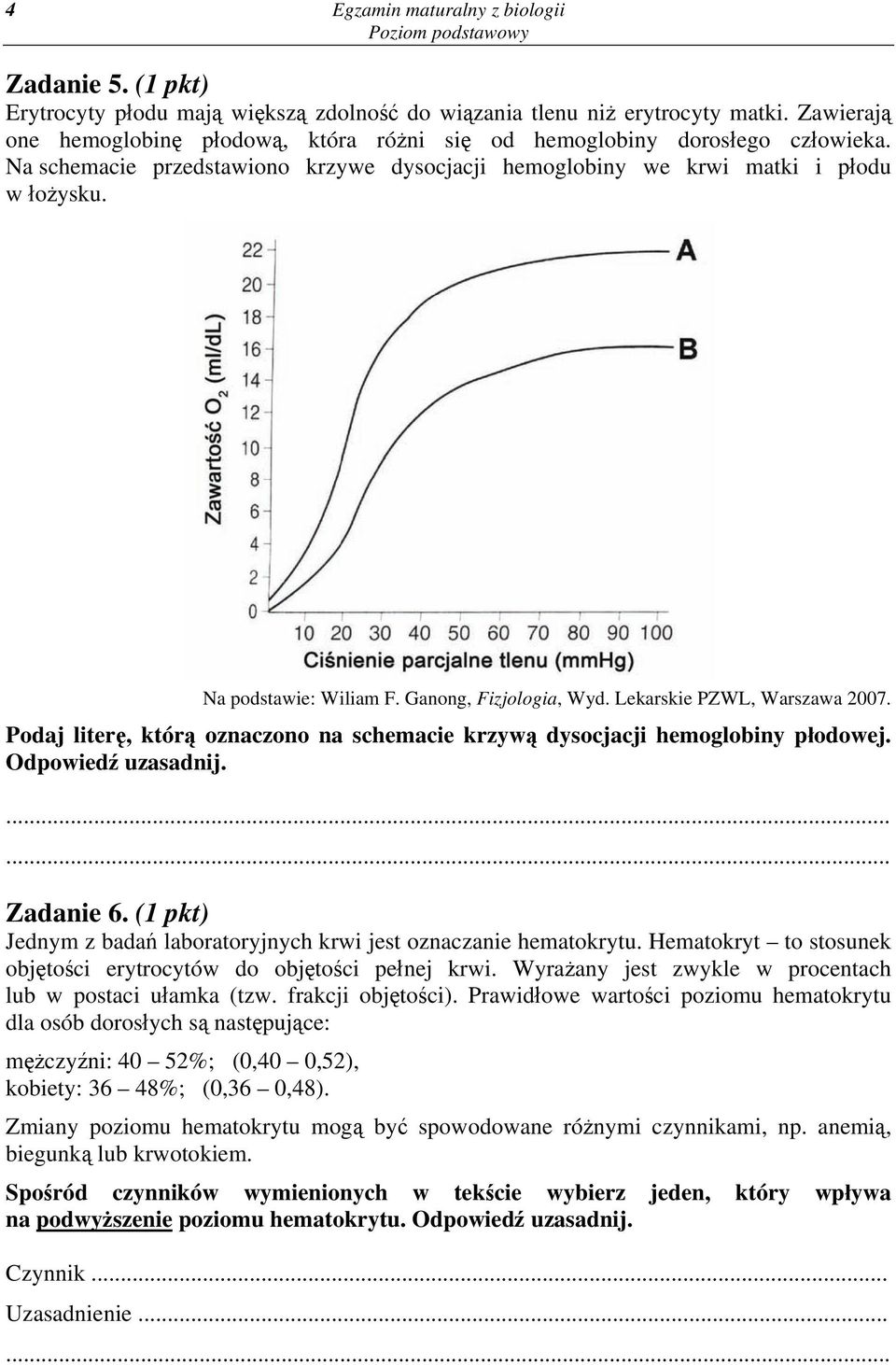 Ganong, Fizjologia, Wyd. Lekarskie PZWL, Warszawa 2007. Podaj literę, którą oznaczono na schemacie krzywą dysocjacji hemoglobiny płodowej. Odpowiedź uzasadnij. Zadanie 6.