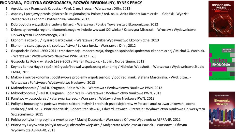 Dobrobyt dla wszystkich / Ludwig Erhard. - Warszawa : Polskie Towarzystwo Ekonomiczne, 2012 4. Dylematy rozwoju regionu ekonomicznego w świetle wyzwań XXI wieku / Katarzyna Miszczak.