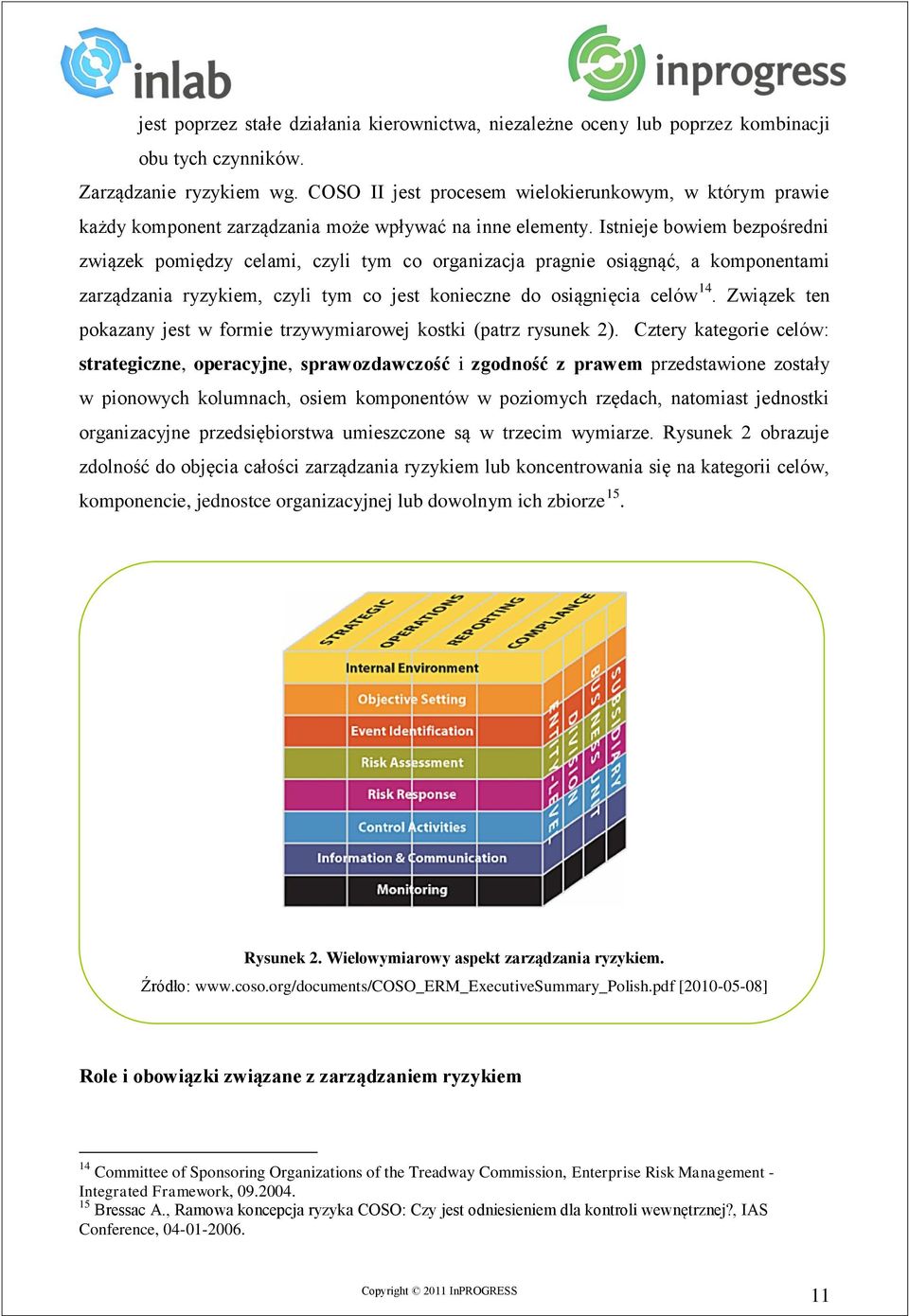 Istnieje bowiem bezpośredni związek pomiędzy celami, czyli tym co organizacja pragnie osiągnąć, a komponentami zarządzania ryzykiem, czyli tym co jest konieczne do osiągnięcia celów 14.