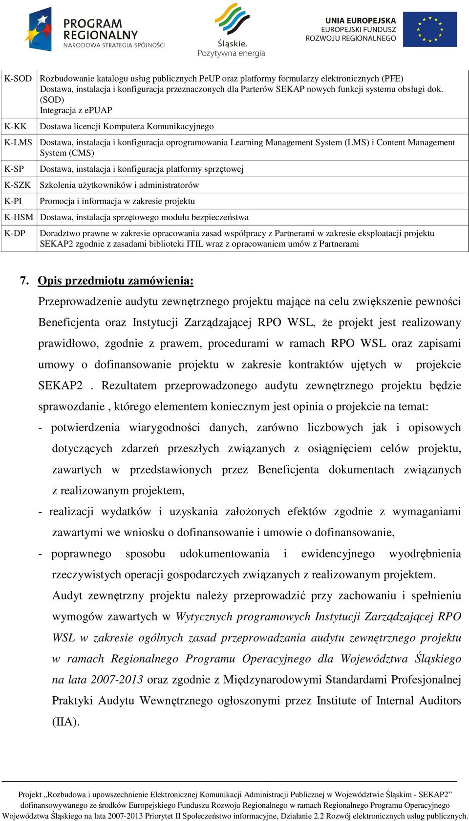 (CMS) K-SP Dostawa, instalacja i konfiguracja platformy sprzętowej K-SZK Szkolenia użytkowników i administratorów K-PI Promocja i informacja w zakresie projektu K-HSM Dostawa, instalacja sprzętowego