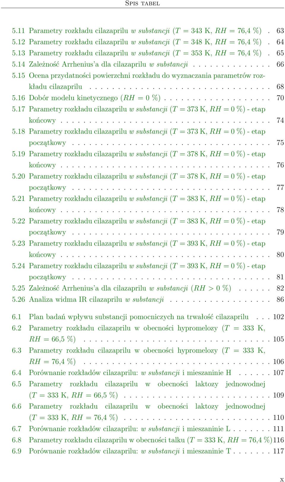 15 Ocena przydatności powierzchni rozkładu do wyznaczania parametrów rozkładu cilazaprilu................................ 68 5.16 Dobór modelu kinetycznego (RH = 0 %)................... 70 5.