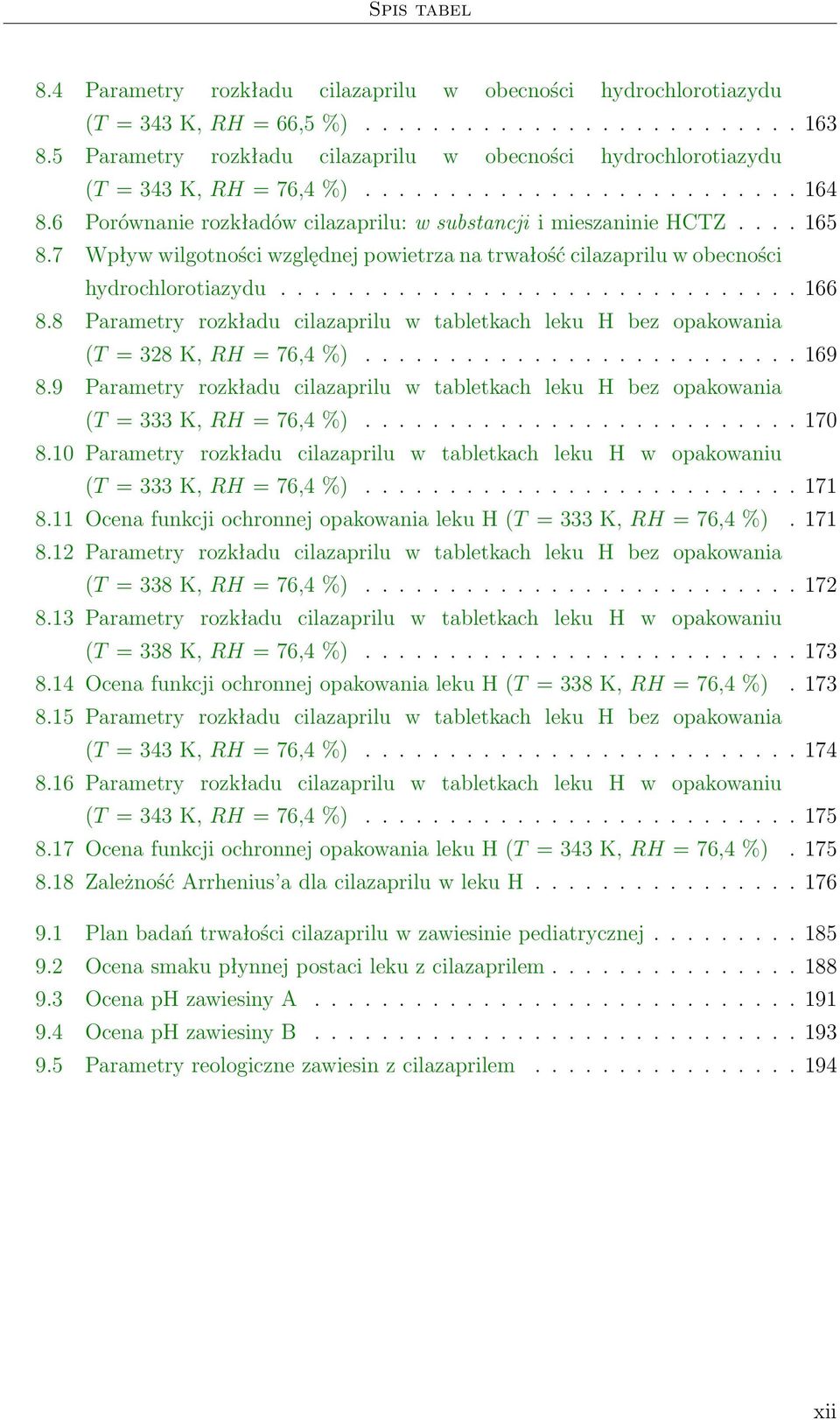 7 Wpływ wilgotności względnej powietrza na trwałość cilazaprilu w obecności hydrochlorotiazydu............................... 166 8.