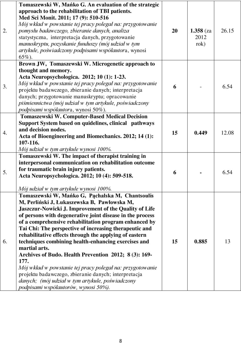 funduszy (mój udział w tym artykule, poświadczony podpisami współautora, wynosi 65%). Brown JW, Tomaszewski W. Microgenetic approach to thought and memory. Acta Neuropsychologica. 2012; 10 (1): 1-23.