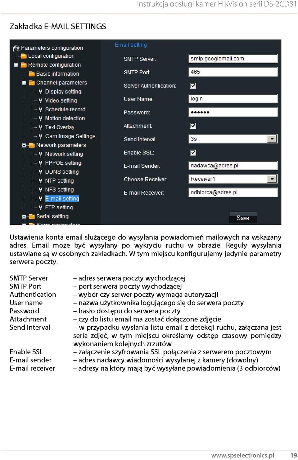 SMTP Server SMTP Port Authentication User name Password Attachment Send Interval Enable SSL E-mail sender E-mail receiver adres serwera poczty wychodzącej port serwera poczty wychodzącej wybór czy