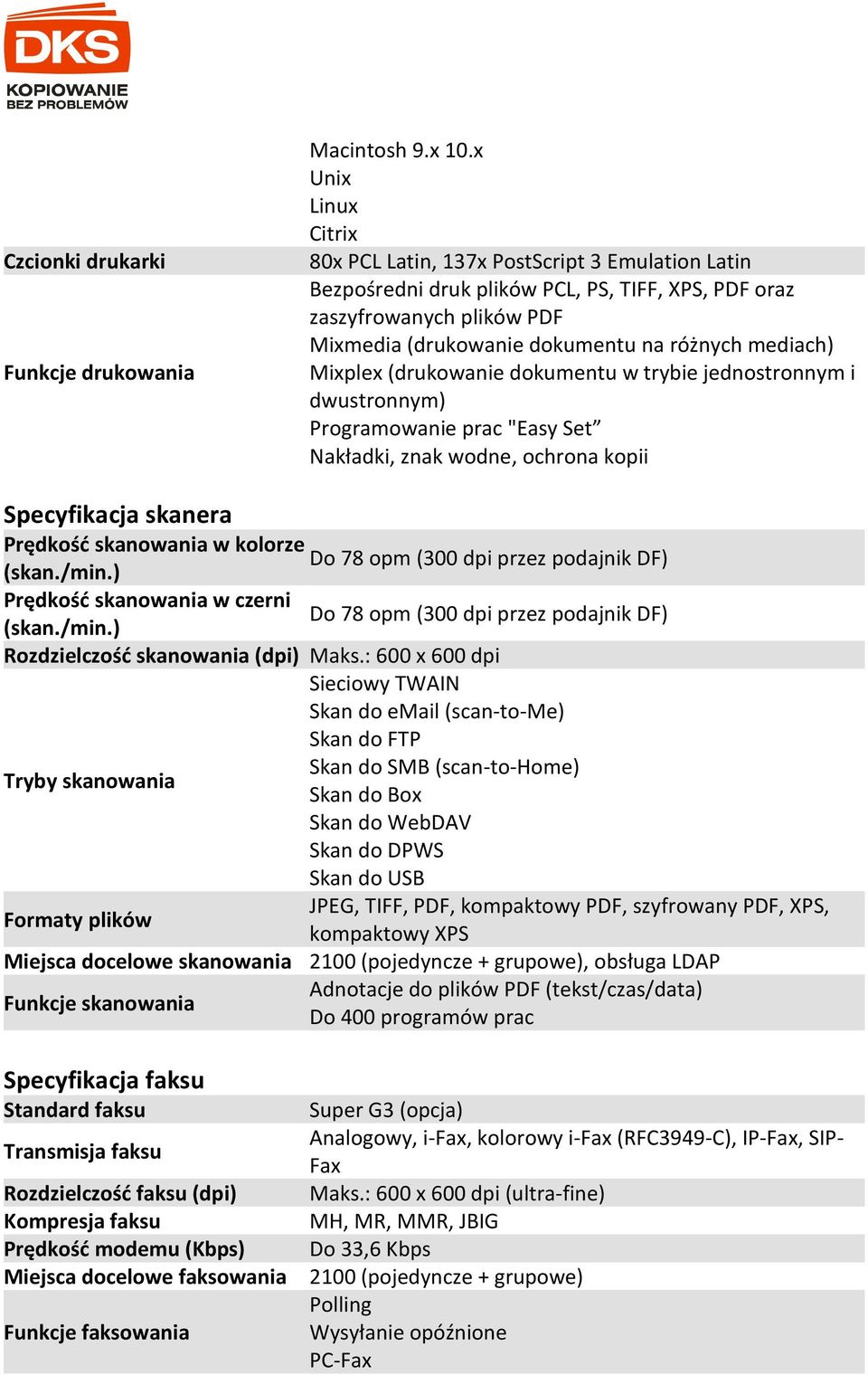 Mixplex (drukowanie dokumentu w trybie jednostronnym i dwustronnym) Programowanie prac "Easy Set Nakładki, znak wodne, ochrona kopii Specyfikacja skanera Prędkość skanowania w kolorze Do 78 opm (300