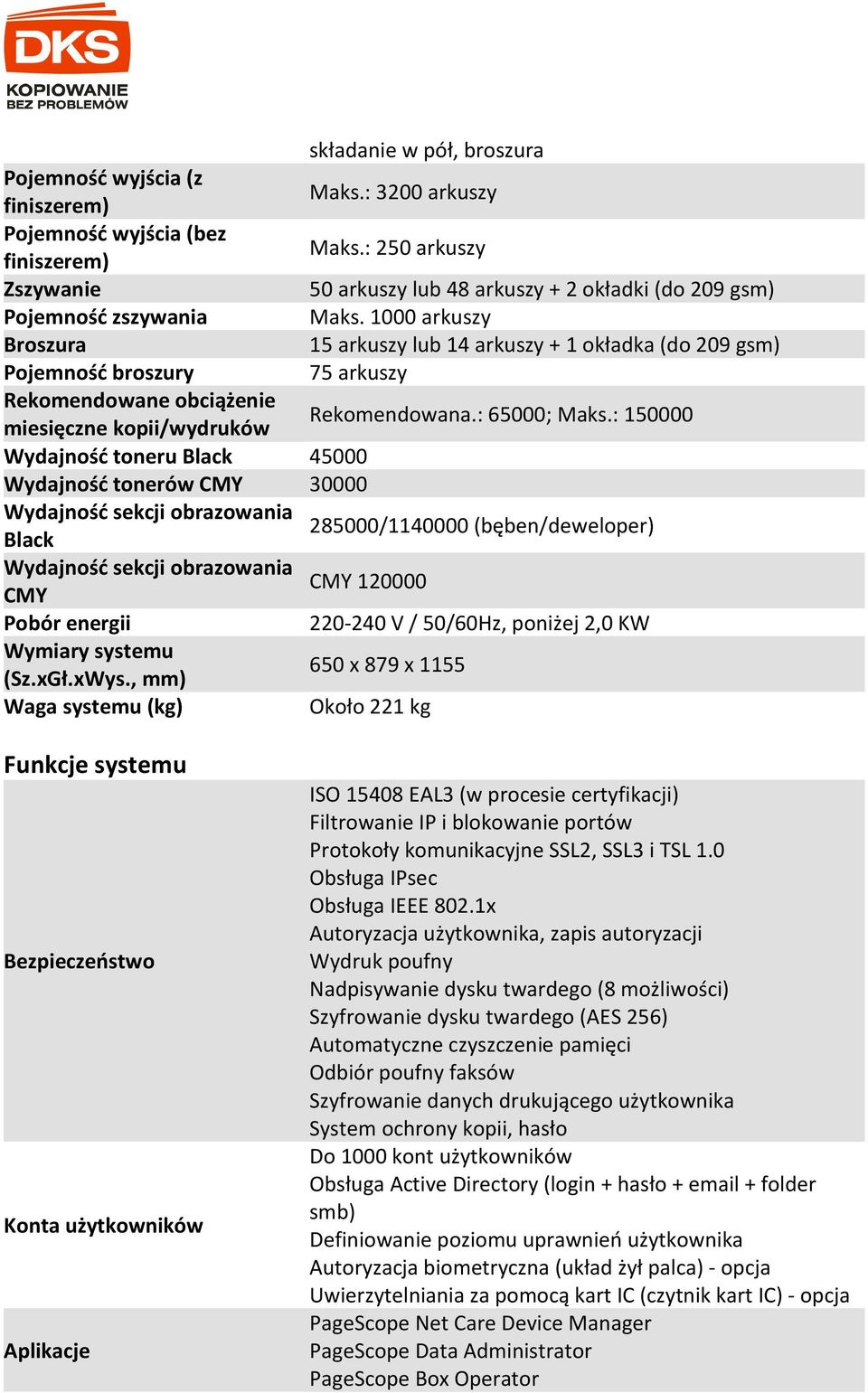 1000 arkuszy Broszura 15 arkuszy lub 14 arkuszy + 1 okładka (do 209 gsm) Pojemność broszury 75 arkuszy Rekomendowane obciążenie miesięczne kopii/wydruków Rekomendowana.: 65000; Maks.