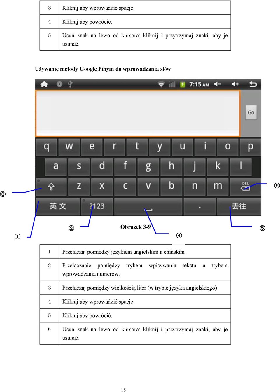 Przełączanie pomiędzy trybem wpisywania tekstu a trybem wprowadzania numerów.