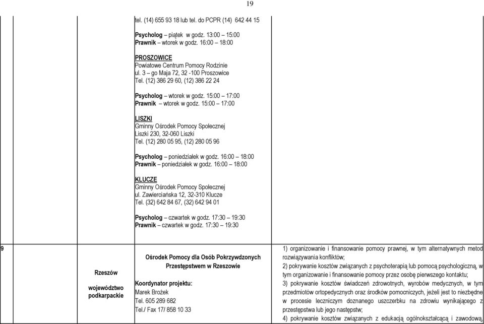 15:00 17:00 LISZKI Gminny Ośrodek Pomocy Społecznej Liszki 230, 32-060 Liszki Tel. (12) 280 05 95, (12) 280 05 96 Psycholog poniedziałek w godz. 16:00 18:00 Prawnik poniedziałek w godz.